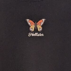 Hollister Women's Black Cropped Sweatshirt with Colorful Butterfly Embroidery